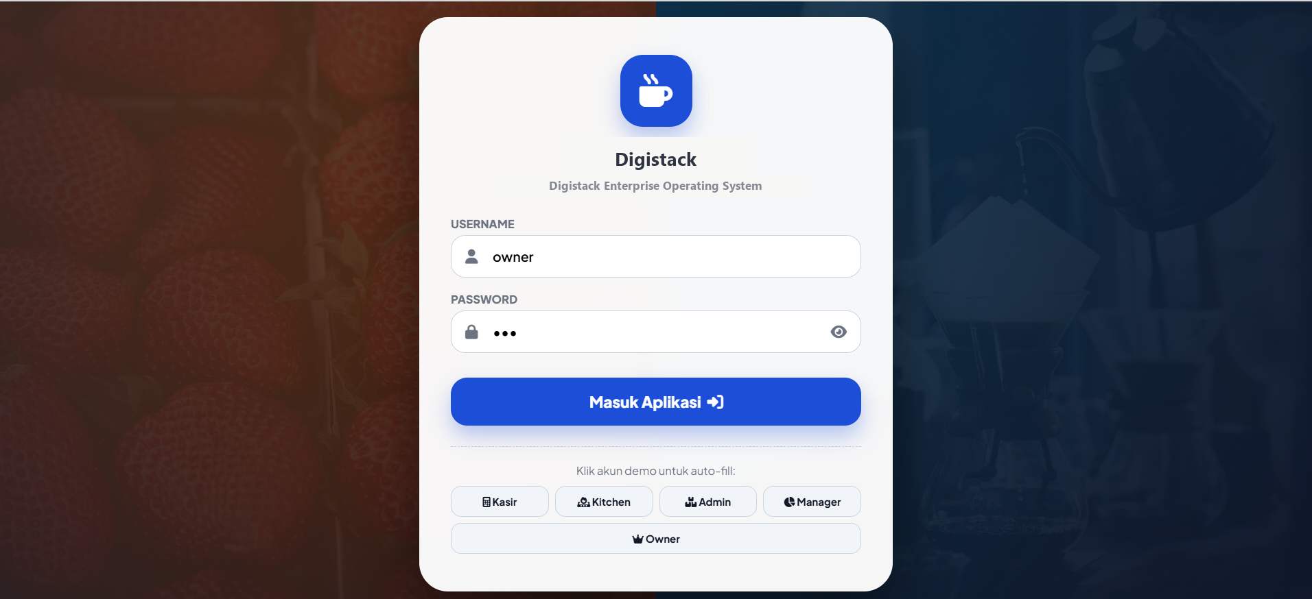 Tampilan Halaman Login Cafe POS Pro Digistack Sistem Kasir Kustom