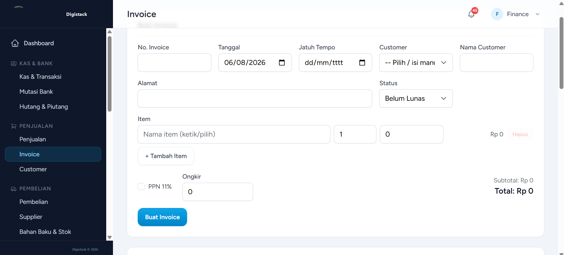 Form Pembuatan Invoice Otomatis Pajak PPN 11 Persen Digistack