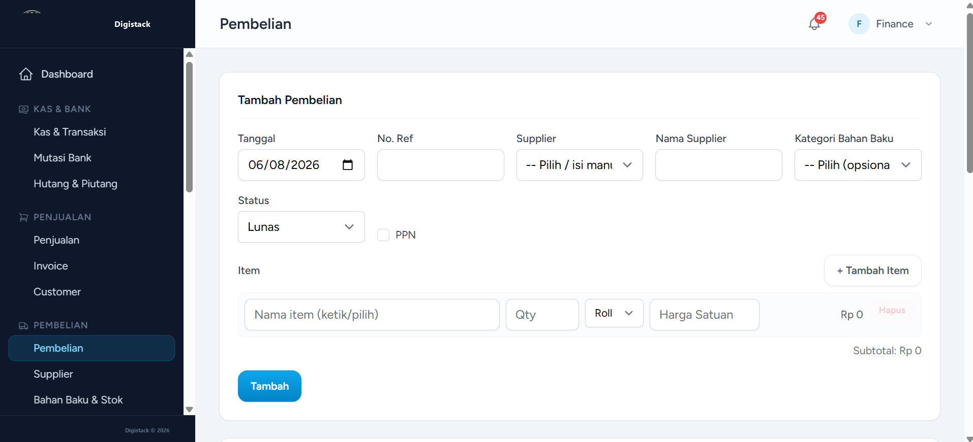 Form Rekap Pembelian Supplier dan Piutang Usaha Digistack